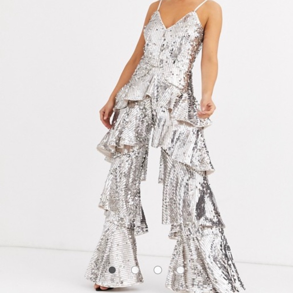 Silver sequin jumpsuits tiered ruffle legs